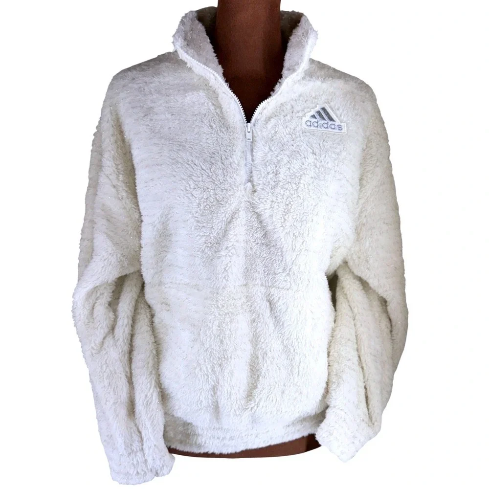 Adidas Sherpa Quarter Zip Girls XL‎ 18 Cream Sparkle NWT Fleece Cozy Neutral